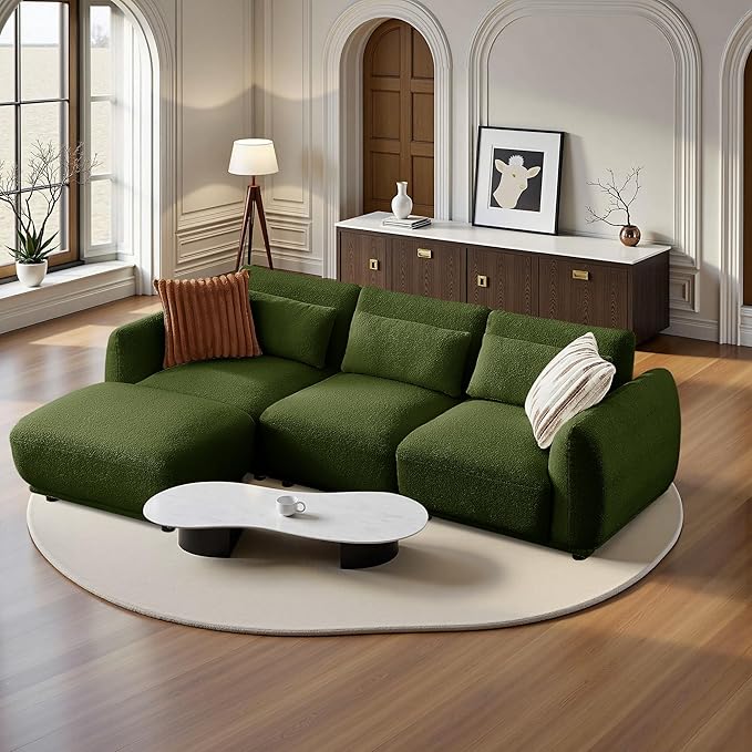Sectional Sofa Couch, Modern Convertible U Shaped Sectional Couch with Ottoman, Modular Sectional Sofa Cloud Couches for Living Room (Green, 3 Set + 1 Ottoman)