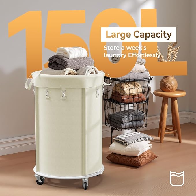 efluky 150L Laundry Basket with Wheels, Large Rolling Laundry Hampers with Handles for Bathroom, Bedroom & Laundry Room, Beige