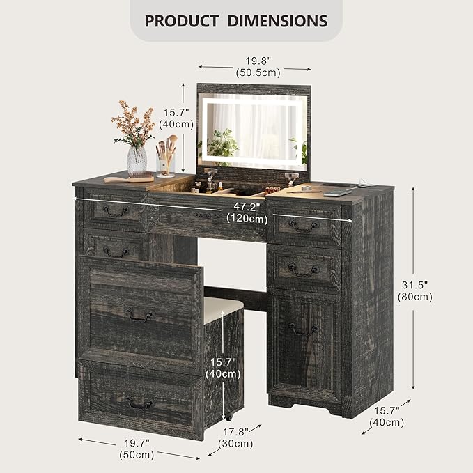Farmhouse Vanity Desk with Flip up Vanity Mirror and Lights,Rustic Makeup Vanity with Charging Station and Hidden Drawer,Vanity Table Set with Drawers/6-Compartment/Cabinets, Rustic Oak