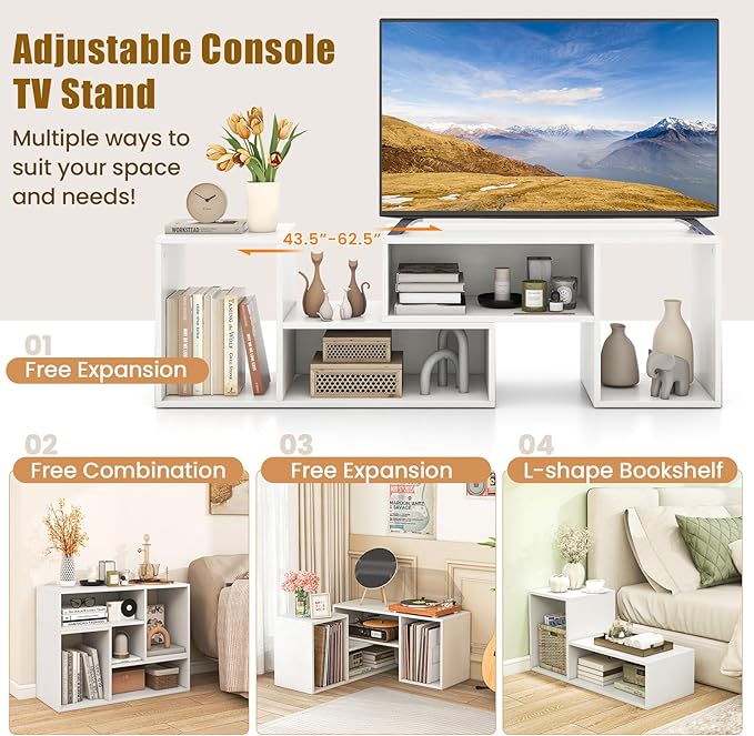 GOFLAME 2 Pieces TV Stand, Modern Entertainment Center for TVs up to 55 Inches, Free Combination Bookcase for Storage & Display, TV Console Table for Living Room, Bedroom, White