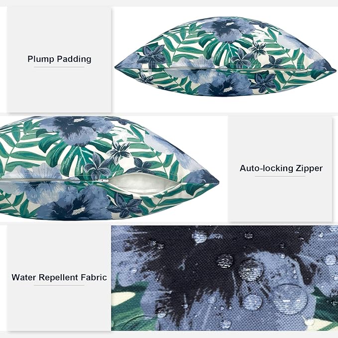 Outdoor Throw Pillows with Inners, All Weather Patio Pillows Set of 2, Square Pillows Decorative for Home Garden Furniture, 20x20 Inch, Blue Salmone Tropical