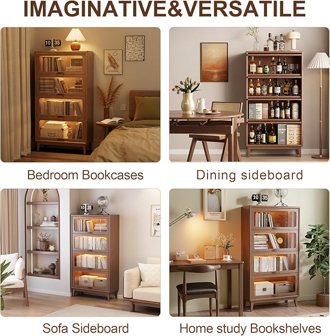 Solid Wood 4 Tier Bookcase with Tempered Glass Doors, Elegant Wooden Book Shelf with Doors 60H/32w/14 inch Log Khaki, Luxury Antique Bookcase Artwork Book Shelves/case for Home Office
