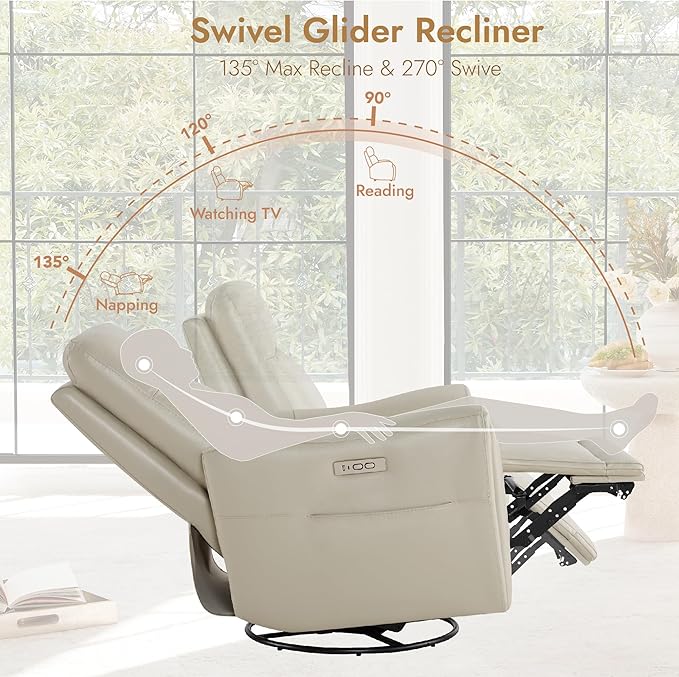 Watson & Whitely Genuine Leather Power Recliner Chairs for Adults, Swivel Glider Recliner Chair for Living Room with Charging Ports, Light Grey