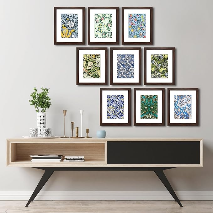 8x10 Picture Frame Set of 9 for Pictures 5x7 with Mat or 8x10 Without Mat, Wall or Tabletop Gallery Photo Frames Walnut