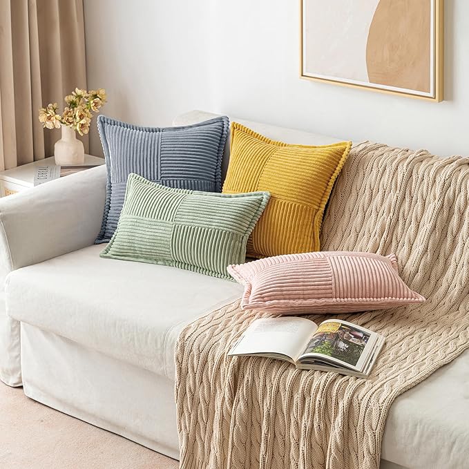 MIULEE Decorative Throw Pillow Covers for Couch Bed Livingroom 20x20 Inch Set of 2 Dustyblue Boho Accent Throw Pllows Broadside Striped Patchwork Soft Corduroy Pillowcases