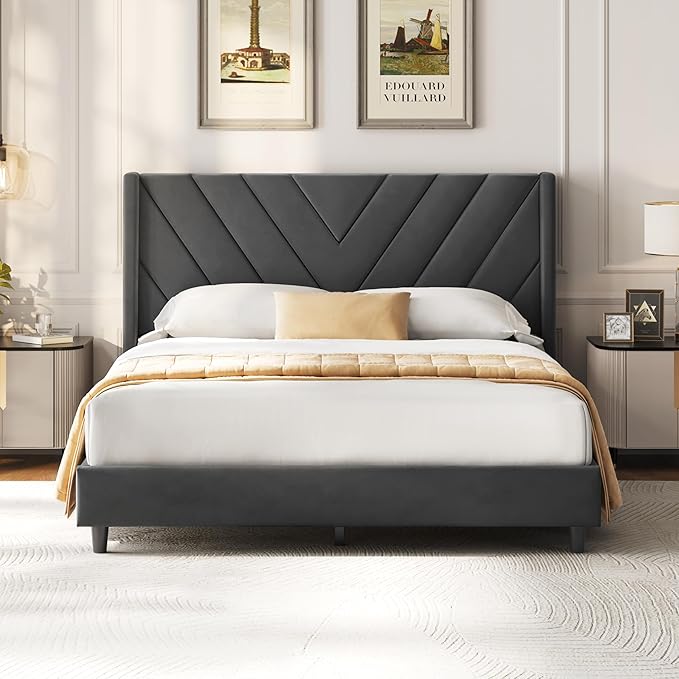 Yaheetech Queen Bed Frame Upholstered Platform Bed with Wing Side/Wooden Slat Support/Tufted Headboard with Wing Side/Mattress Foundation/No Box Spring Needed,Deep Gray Queen Bed