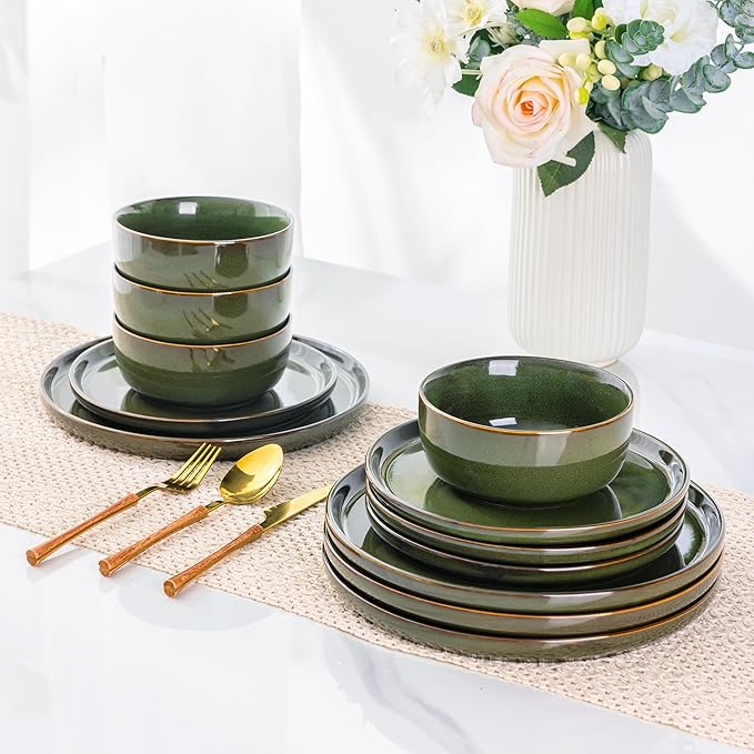 AmorArc Stoneware Dinnerware Sets for 4,Round Reactive Glaze Ceramic Plates and Bowls Set,Highly Scrath Resistant | Dishwasher & Microwave Safe Dishes Set,Service for 4 (12pc)