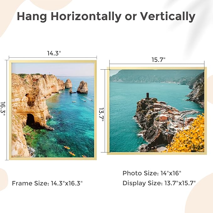 14x16 Metal Picture Frame - Gold Aluminum Photo Frames-Real Real Glass,Wall Gallery Poster Puzzles Artwork 16x14 frame Mounting Horizontally or Vertically Decor for Wall, Gold