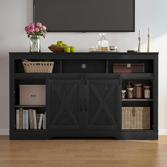 Farmhouse TV Stand for 65+ Inch TV, 34'' Tall Entertainment Center with Sliding Barn Doors, Rustic Wood Media Console Storage Cabinet Television Stand for Living Room, Bedroom (Black)