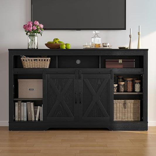 Farmhouse TV Stand for 65+ Inch TV, 34'' Tall Entertainment Center with Sliding Barn Doors, Rustic Wood Media Console Storage Cabinet Television Stand for Living Room, Bedroom (Black)