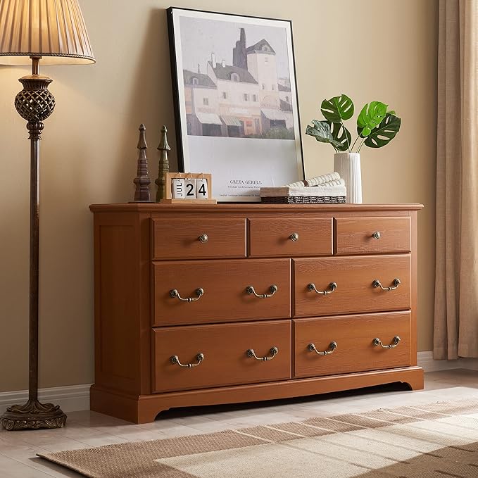 Farmhouse Dresser for Bedroom, 54" Modern 7 Drawers Dresser with Vintage Styles Pulls, Wood Rustic Closet Chest of Drawers for Living Room, Hallway, Cherry