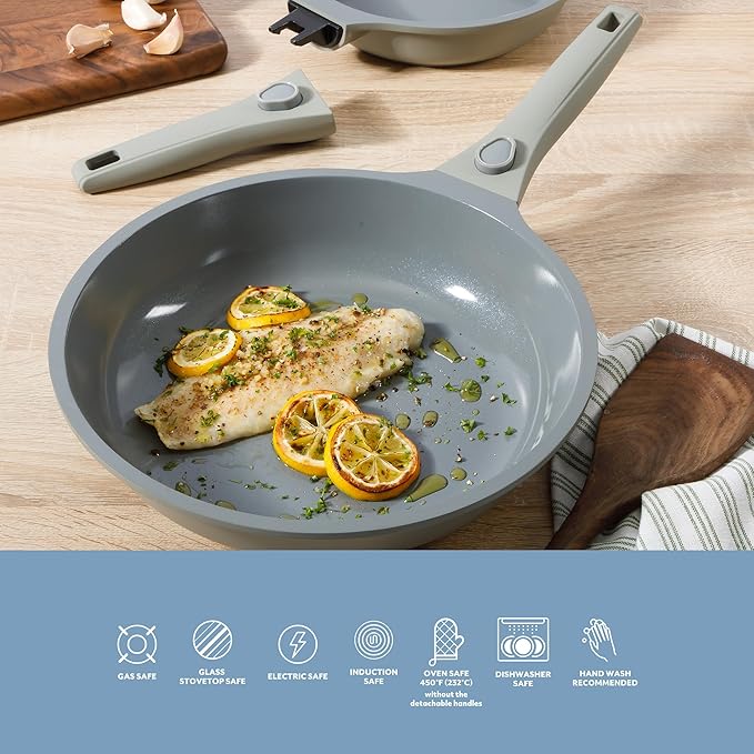 Sur La Table Kitchen Essentials Craft Studio Cast Aluminum Detachable Handle 8 and 10 Inch Skillet Fry Pan Set w/PFA Free Ceramic Non Stick Removable Handle Induction Safe - Juniper Green