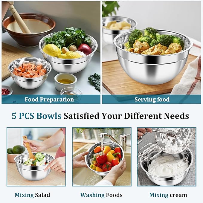 P&P CHEF Mixing Bowl with Visible Airtight Lid Set of 5, 10-Piece Stainless Steel Nesting Salad Bowl Set for Prepping, Mixing and Serving, Size 4.6, 3, 1.5, 1, 0.7 QT, Rimmed Edges & Flat Base, Blue