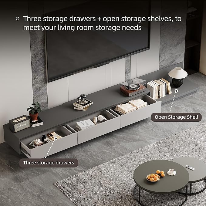 Mid-Century Modern Extendable TV Stand with Ample Storage for Living Room – Adjustable TV Cabinet from 78.7" to 130", 3-Drawer Entertainment Center, Grey