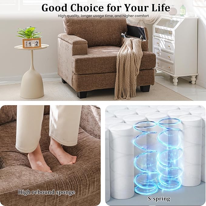 Oversized Accent Chairs Set of 2,Large Armchair with Armrest Organizer,Deep Seat,Big Reading Chair,Comfy Living Room Chairs,Sofa Chair for Bedroom,Chenille,Brown