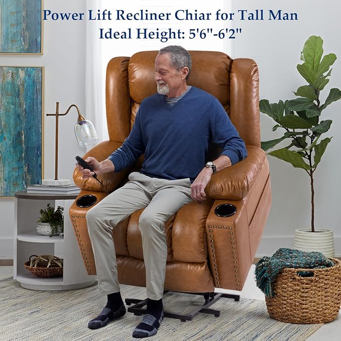 Large Power Lift Chair Recliner for Elderly with Heated and Massage, Overstuffed Adjustable Lift Chair, 3 Position, Breathable Leather, USB-A&USB-C, Cup Holder (Tall Man-7523, Caramel)
