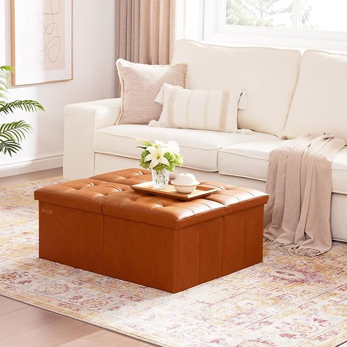 HAUSFRAU 31.5 Inches Ottoman with Storage Bench, Folding Ottoman Bench Small Foot Rest Stool, Bedroom Bench with Flipping Lid, Faux Leather Cognac Brown