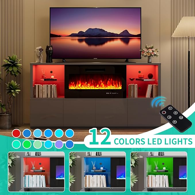 68" Modern Fireplace TV Stand for TVs up to 75", High Gloss Entertainment Center with 40" Fireplace, 4 Shelves & Storage Cabinets, Media Console Table,Grey