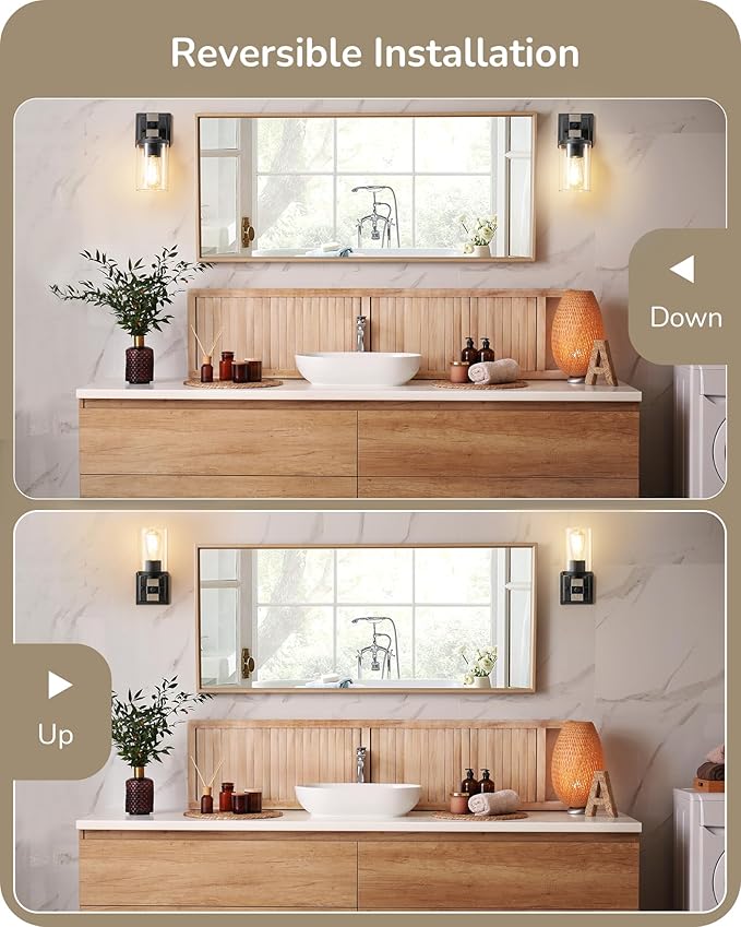 EDISHINE Wall Sconces Set of 2, Farmhouse Vanity Lights for Bathroom, 1-Light Wall Light Fixtures, Industrial Wall Mount Lighting Lamps with Clear Glass Shade for Bedroom Living Room Mirror Hallway