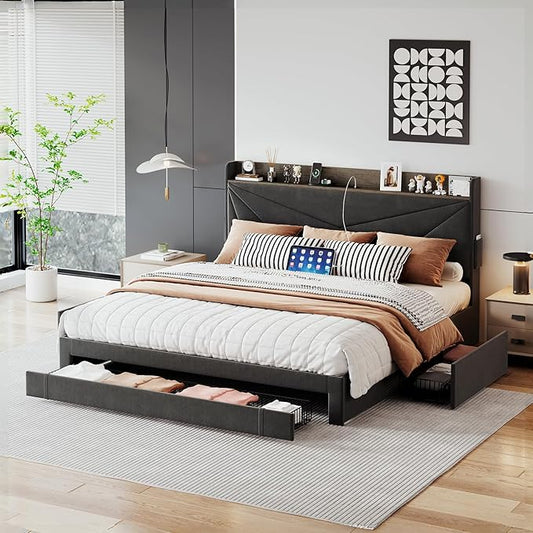 Bed Frame Full Size with 3 Drawers, Upholstered Full Size Bed Frame with Storage Headboard, AC USB & Type C Charge Station, Wooden Support Slats No Box Spring Needed Easy Assembly, Grey