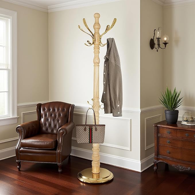 73”Vintage Wooden Coat Rack Freestanding With 14 Hooks and Sturdy Round Base。3-level Adjustable Vintage Wooden Coat Rack.Coat Rack Stand for Living Room Bedroom Office