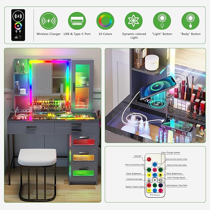 HENBC Vanity with Mirror and LED Lights, Glass Top Vanity Desk with Charging Station(Wireless+USB+Type-C), RGB Makeup Table Set with Stool/Makeup Organizer/6 Drawers for Bedroom (Grey)