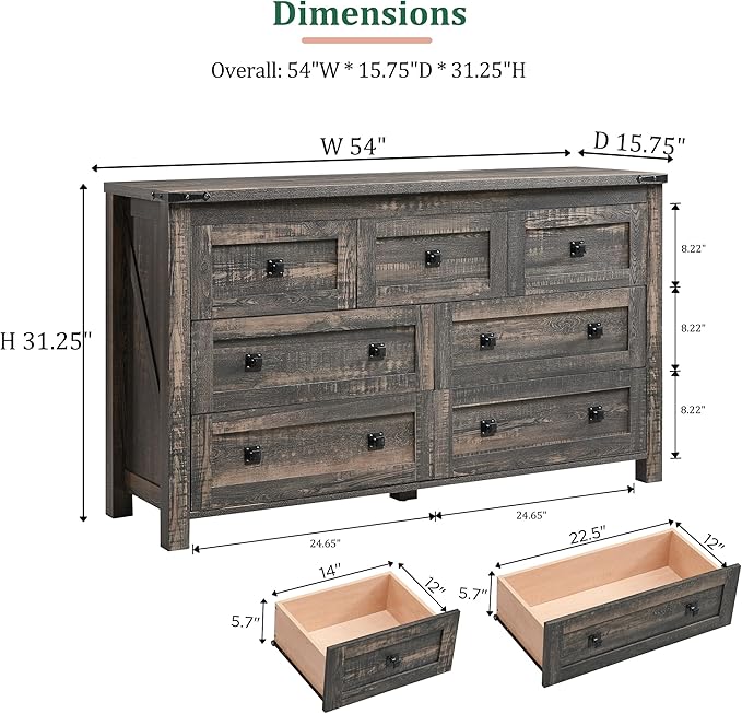 RedLemon Farmhouse 7 Drawer Dresser for Bedroom, 54 Inch Wide Rustic Wood Dresser TV Stand, Chest of Drawers for Closet, Living Room, Hallway, Dark Rustic Oak