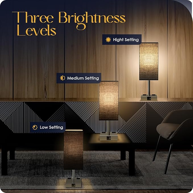 Bedside Lamp with USB Ports - Touch Control Table Lamp for Bedroom with USB C+A Charging Ports & AC Outlets, 3 Way Dimmable Nightstand Light for Living Room (Bulb Included, Black)