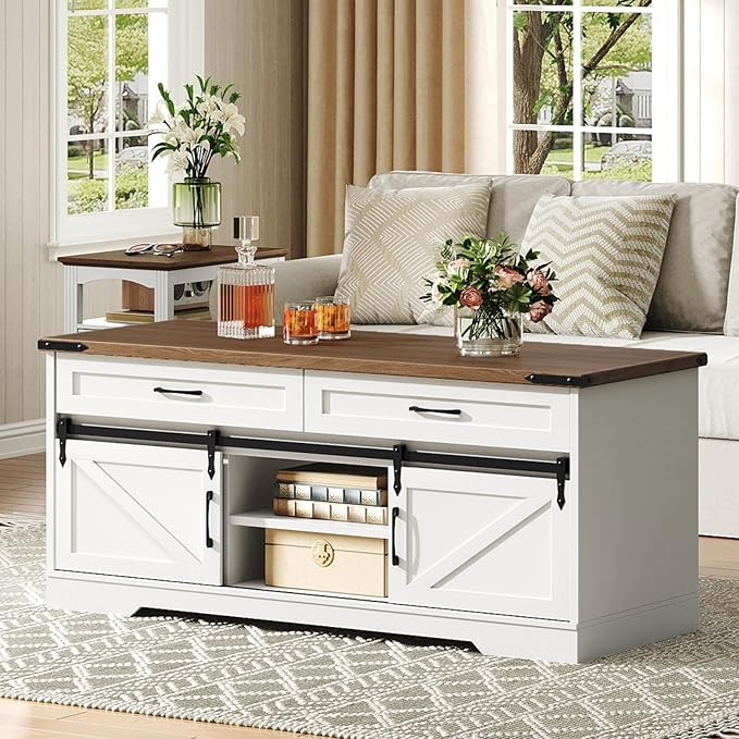 47" Farmhouse Coffee Table with Storage and 2 Drawers, Large Rustic Center Table with Sliding Barn Doors & Open Compartments, Wooden Coffee Table for Living Room, White and Walnut