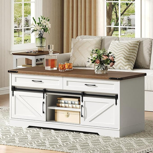47" Farmhouse Coffee Table with Storage and 2 Drawers, Large Rustic Center Table with Sliding Barn Doors & Open Compartments, Wooden Coffee Table for Living Room, White and Walnut