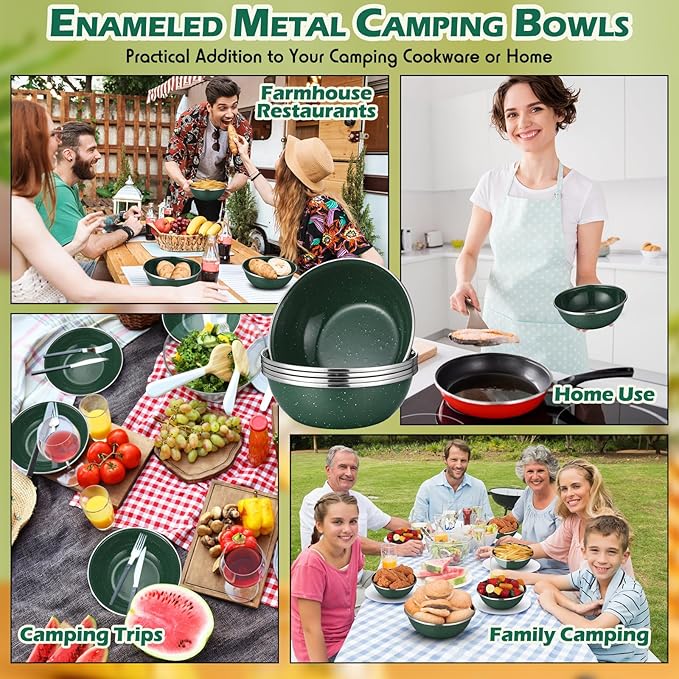 Sawysine 8 Pcs 6 Inch Enamel Bowl for Camping and Backpacking Enamelware Mixing Bowls Camping Cookware for Outdoor Cooking, Picnic, Snacks, Home, Farmhouse