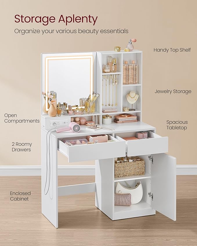 VASAGLE Kailyn Collection - 35.4-Inch Wide Vanity Desk with Mirror and Lights, Power Outlets, Vanity Table with Jewelry Storage, Adjustable Shelves, for Bedroom, Cloud White URDT132WB03S