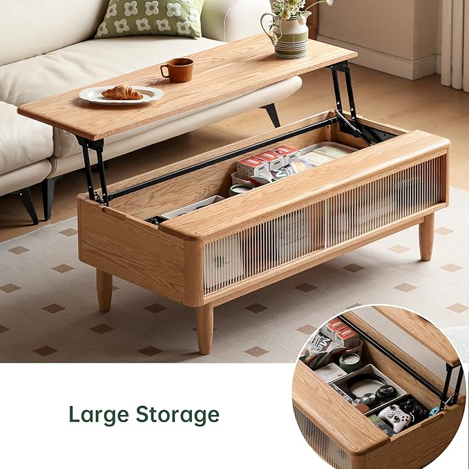 Lift Top Coffee Table, 100% Solid Oak Wood Log Color Coffee Table with Glass Sliding Door, Rectangular Coffee Tables with Storage for Living Room Home Decor-47.24" L