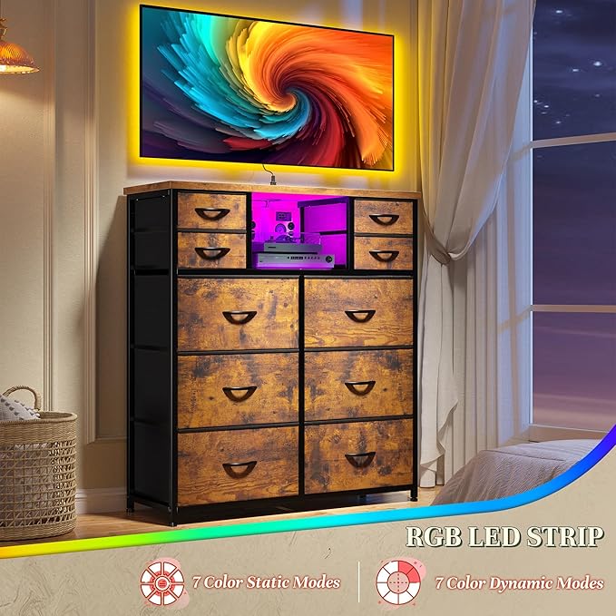 Dresser for Bedroom with Charging Station and LED and 10 Fabric Drawers, Sturdy Tall Chest of Drawers with 2 Open Storage Shelves Storage Tower for Closet, Hallway (Rustic Brown)