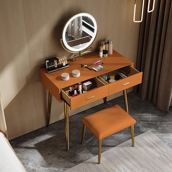 Vanity Desk with Adjustable Mirror and Lights, Makeup Desk with Drawers and Chair, Dressing Table Set with Leather Surface, Small Vanity Table for Bedroom, 3 Lighting Modes (Orange)
