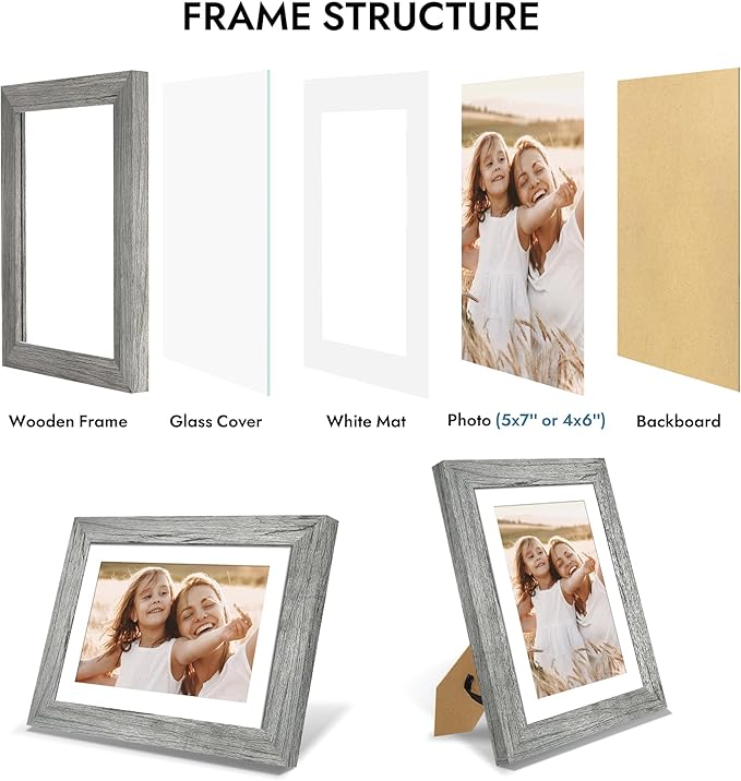 5x7 Picture Frame with Glass, Display Pictures 4x6 with Mat or 5 x 7 without Mat - Wall and Tabletop, 5 by 7 Photo Wooden Frames (Grey, 1 Pack)