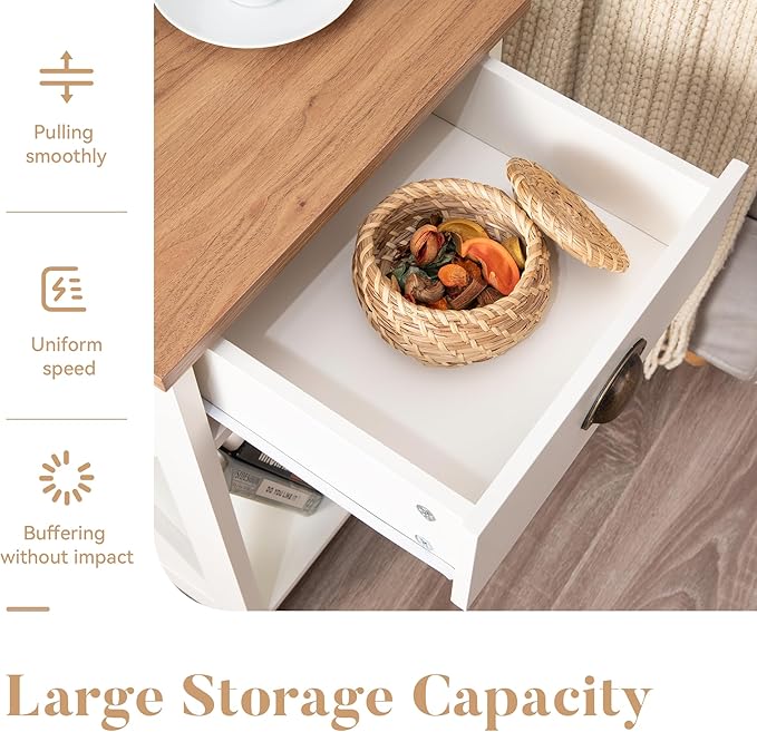 ALPHA HOME Side Table with Drawer, Farmhouse End Table Set of 2, Bedside Table Storage Shelf for Small Spaces, Nightstands Set for Living Room, Bed Room(Ivory)