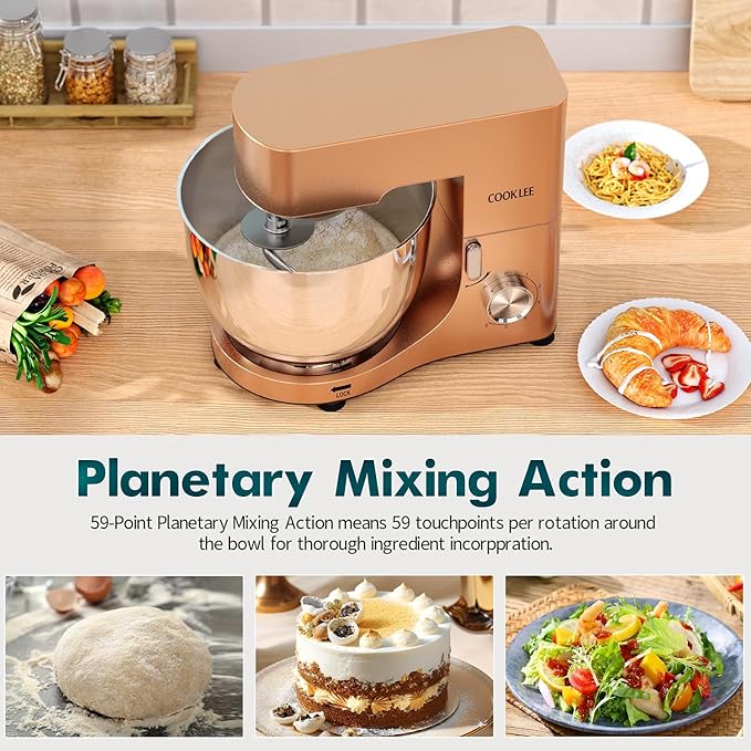 COOKLEE Stand Mixer, 9.5 Qt. 660W Electric Kitchen Mixer with Dishwasher-Safe Dough Hooks, Flat Beaters, Wire Whip & Pouring Shield Attachments for Most Home Cooks, Champagne
