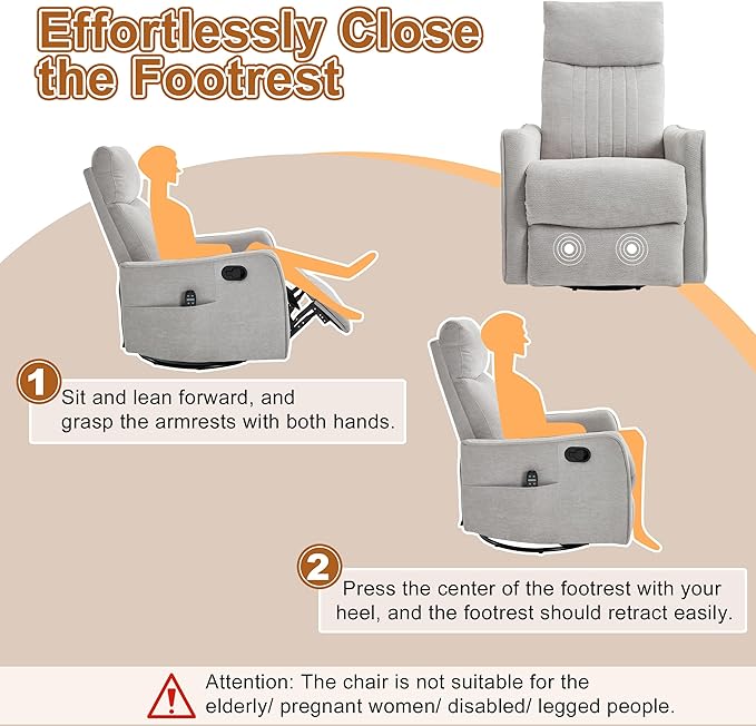 Manual Swivel Rocker Recliner Chair for Adults, Overstuffed Recliner Glider with Massage and Heat, Living Room Reclining Chair, Fabric Light Gray