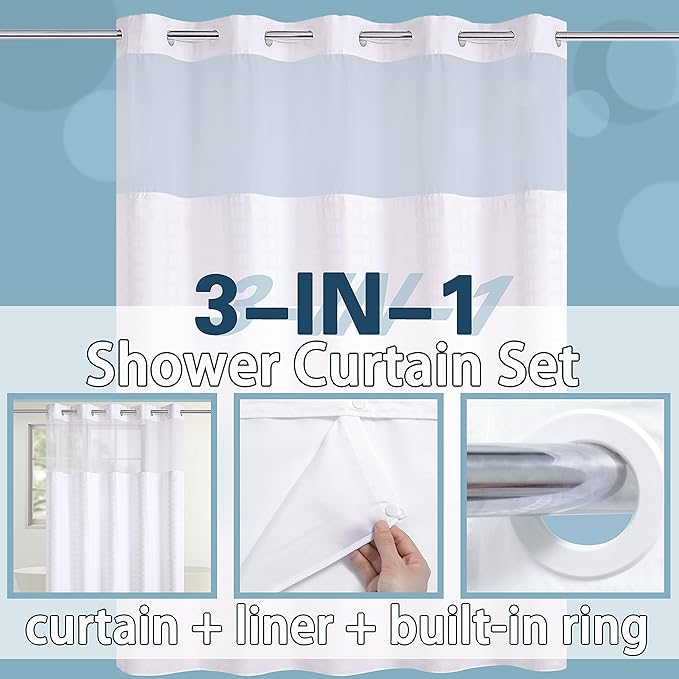 Extra Long No Hook Shower Curtain with Snap in Liner Set, Hotel Luxury White Fabric Shower Curtains for Bathroom with See Through Top Window, Washable, Waterproof 71W x 84H