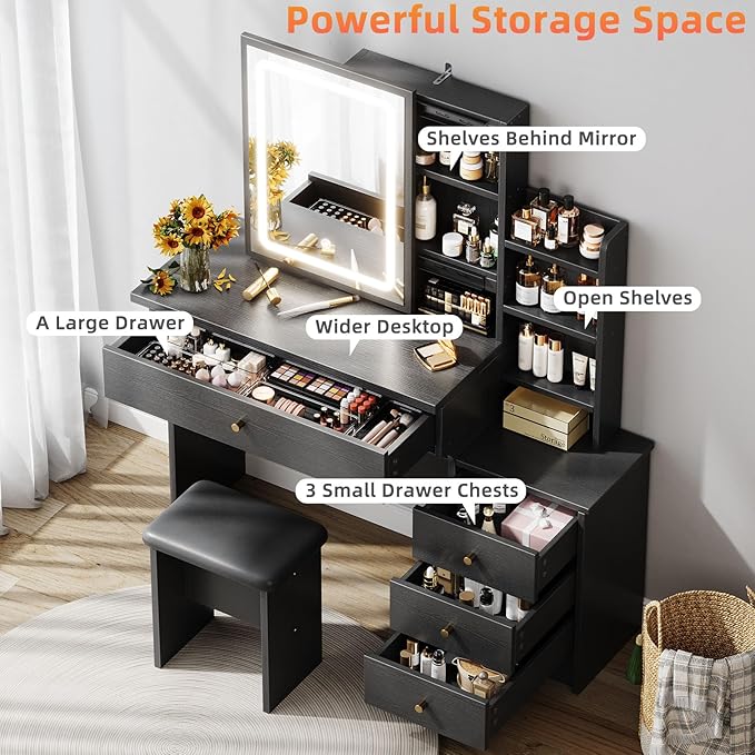 Vanity Desk with Mirror and Lights, Makeup Vanity with 3 Adjustable Lighting Modes, Small Vanity Desk with Sliding Mirror, 4 Drawers, 7 Shelves, Vanity Chair for Bedroom, Black