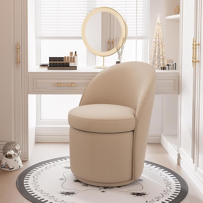 YOUNIKE Vanity Bench Boucle Fabric Coffee Solid Wood Swivel Accent Chair with Backrest Easy Assembly Dressing Stool for Bedroom & Makeup Room