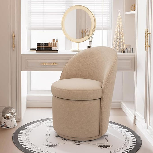 YOUNIKE Vanity Bench Boucle Fabric Coffee Solid Wood Swivel Accent Chair with Backrest Easy Assembly Dressing Stool for Bedroom & Makeup Room