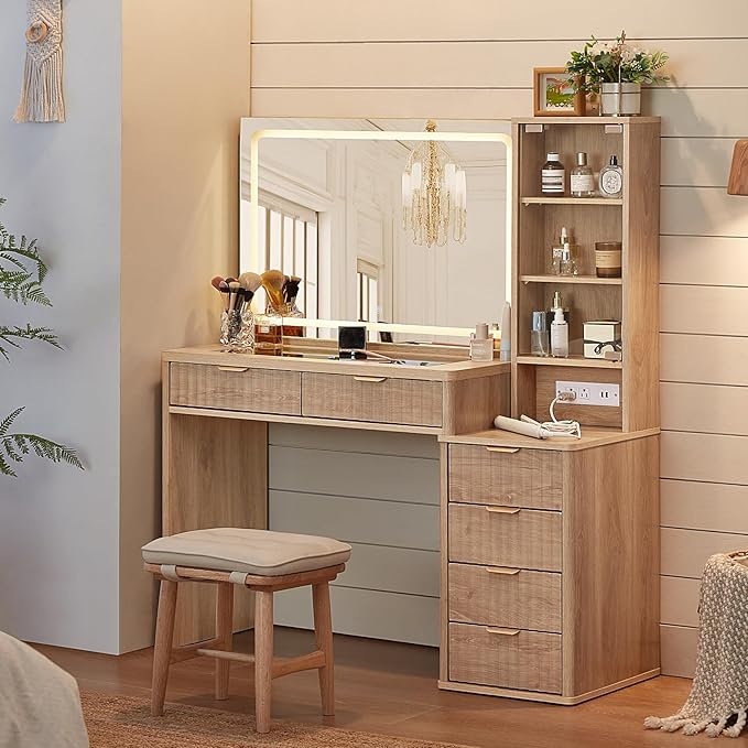 LEYAOYAO Vanity Desk with Mirror and Lights, 43.5'' Fluted Makeup Vanity with 6 Drawers and Adjustable Shelves, Glass Top Make Up Vanity, Girls Wood Dressing Table with Power Outlet for Bedroom