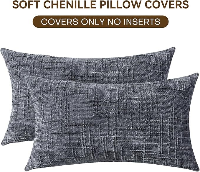 Decorative Throw Pillow Covers 12x20 Inch Set of 2, Soft Solid Farmhouse Chenille Couch Pillows, Spring Pillow Covers for Couch Sofa Bed Living Room Home Decor Pillowcase, Dark Gray