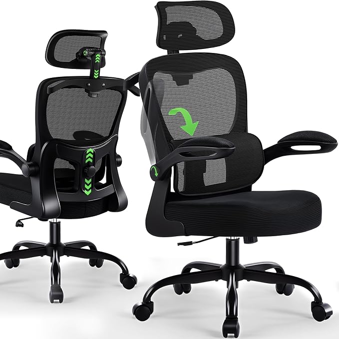 Office Chair Ergonomic Desk Chairs with Adjustable Lumbar Support& Headrest Hanger, High Back Breathable Mesh Chair with Wheels, Rolling Swivel Comfy Task Computer Chair for Home Work Gaming