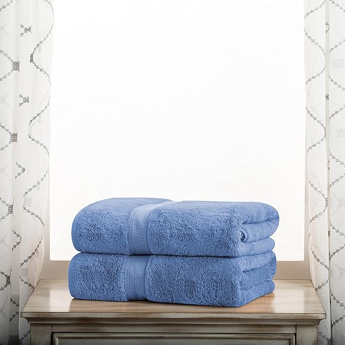 Superior Egyptian Cotton Pile Bath Towel Set of 2, Ultra Soft Luxury Towels, Thick Plush Essentials, Absorbent Heavyweight, Guest Bath, Hotel, Spa, Home Bathroom, Shower Basics, Denim Blue