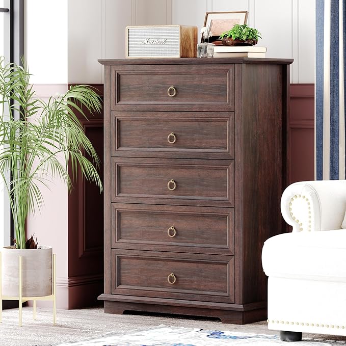 5 Drawer Dresser, Chest of Drawers with Double Anti-Tip, Modern Tall Dresser Organizer for Bedroom, Living Room & Hallway – Easy Assembly Storage Cabinet, Espresso