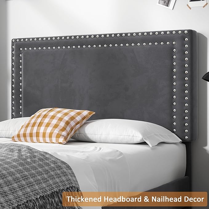 VECELO Twin Size Platform Bed Frame with Adjustable Upholstered Headboard, Strong Wood Slat Support, No Box Spring Needed, Easy Assembly