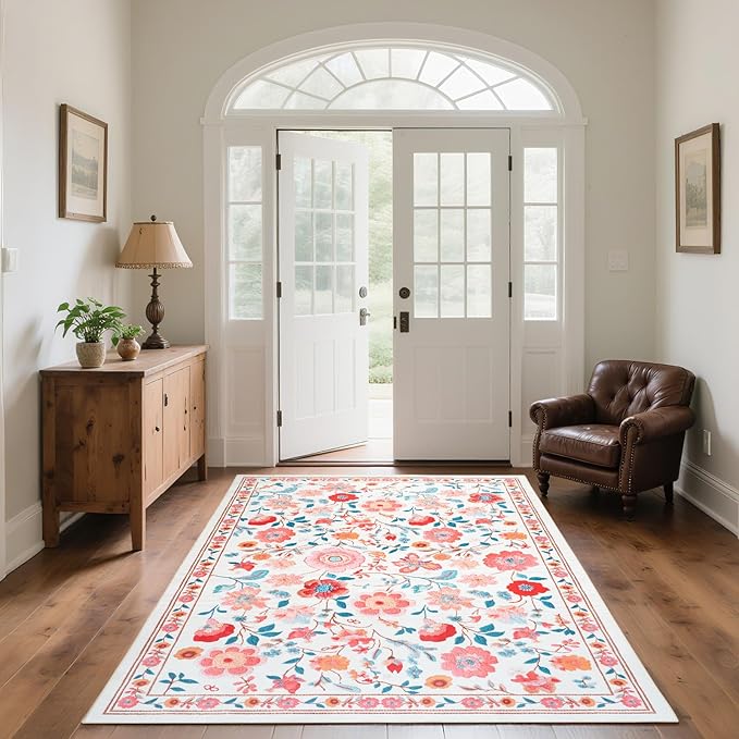 Floral Area Rug 5x8 Rugs, Machine Washable Rug Non-Slip Low Pile Rug for Living Room, Bedroom, Farmhouse, Dining Room, Beige